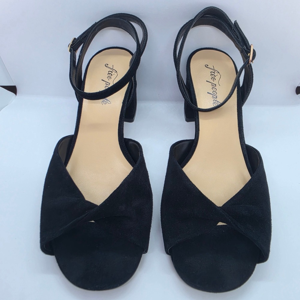 Free People Black Suede Block Heel Ankle Strap Peep Toe Sandals Size 41 - Picture 2 of 10